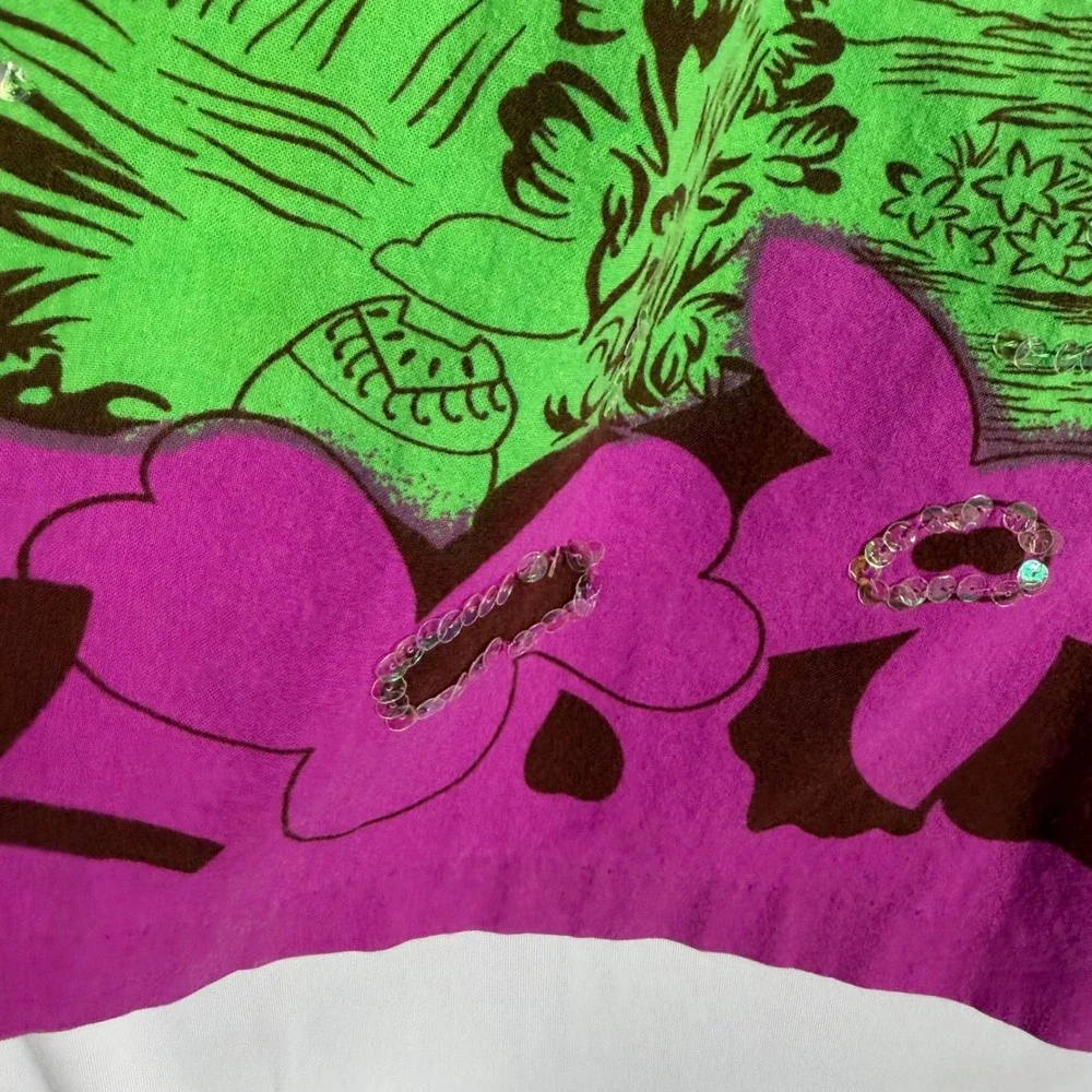 Vtg Y2K Bisou Bisou Michele Bohbot Sequin Landscape Print Skirt Pink 12 Tropical